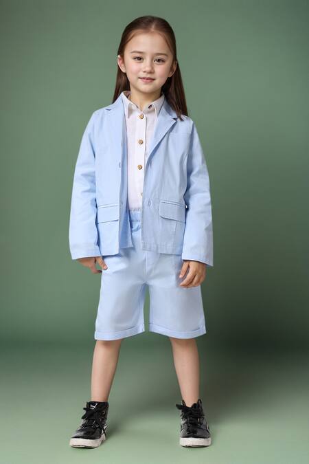 Shop_Petite Pomme_Blue Linen Blazer And Shorts Set 