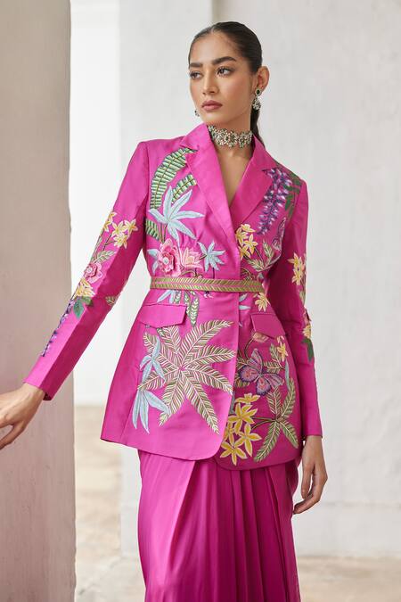 Shop Betrue Pink Silk Embroidery Collared, V-neck Tropical Dream Jacket Online at Aza Fashions Shop_Betrue_Pink Silk Embroidery Collared, V-neck Tropical Dream Jacket _Online_at_Aza_Fashions