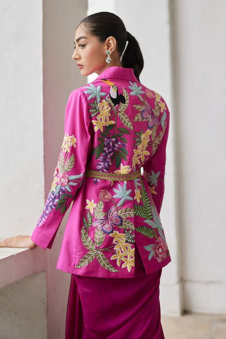 Shop Betrue Pink Silk Embroidery Collared, V-neck Tropical Dream Jacket at Aza Fashions Shop_Betrue_Pink Silk Embroidery Collared, V-neck Tropical Dream Jacket _at_Aza_Fashions