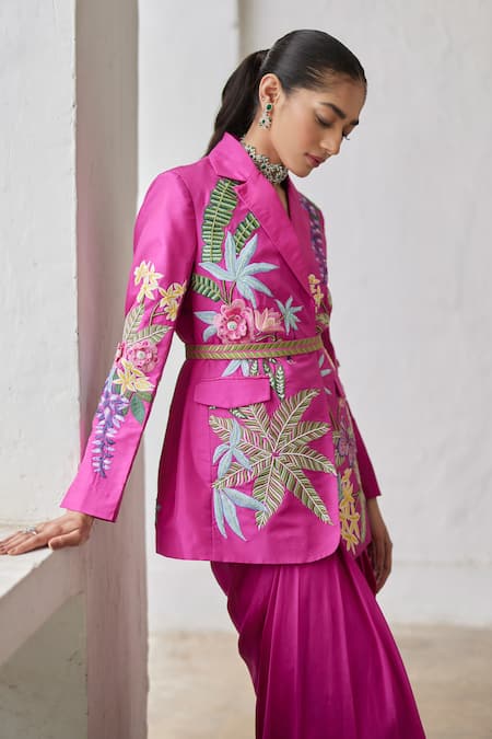 Betrue Pink Silk Embroidery Collared, V-neck Tropical Dream Jacket at Aza Fashions Betrue_Pink Silk Embroidery Collared, V-neck Tropical Dream Jacket _at_Aza_Fashions