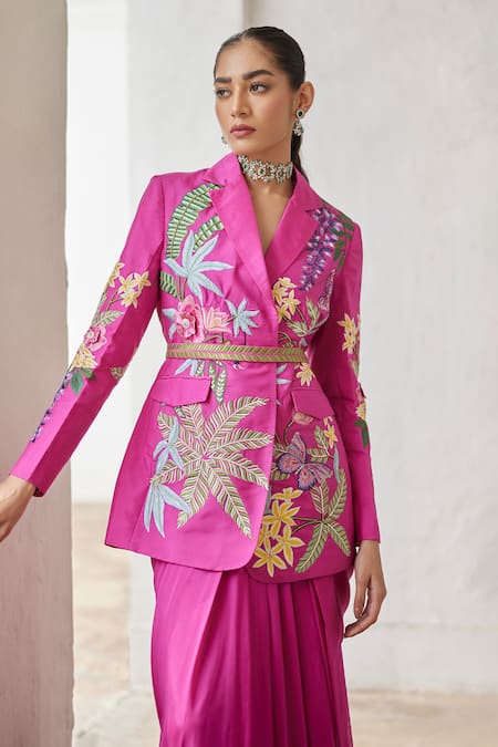 Buy_Betrue_Pink Silk Tropical Dream Draped Skirt _Online_at_Aza_Fashions