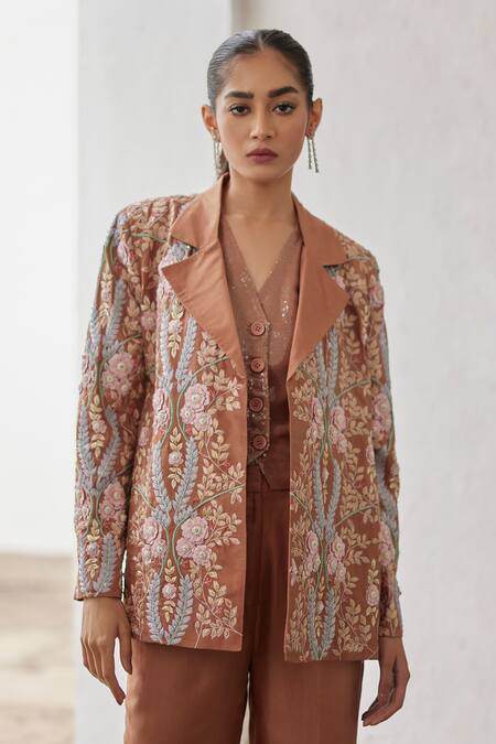 Buy Betrue Brown Silk, Twill Embroidery V-neck Lily Jacket Online at Aza Fashions Buy_Betrue_Brown Silk, Twill Embroidery V-neck Lily Jacket _Online_at_Aza_Fashions