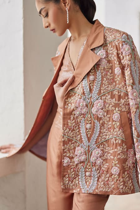 Shop Betrue Brown Silk, Twill Embroidery V-neck Lily Jacket Online at Aza Fashions Shop_Betrue_Brown Silk, Twill Embroidery V-neck Lily Jacket _Online_at_Aza_Fashions