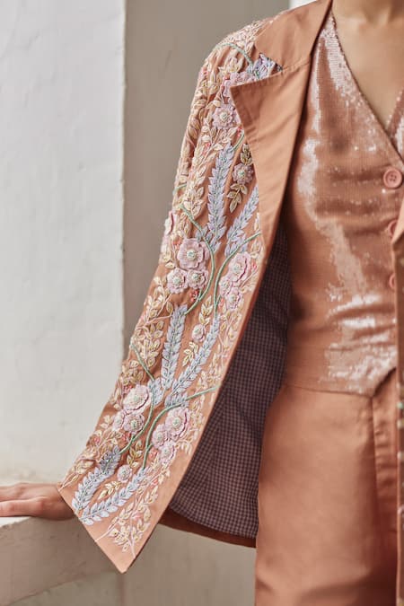Betrue Brown Silk, Twill Embroidery V-neck Lily Jacket at Aza Fashions Betrue_Brown Silk, Twill Embroidery V-neck Lily Jacket _at_Aza_Fashions