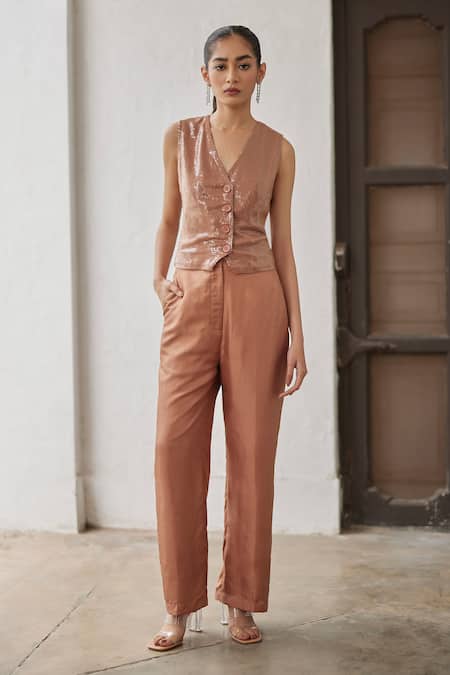 Betrue_Brown Georgette Sequins V-neck Macchiato Waistcoat _at_Aza_Fashions