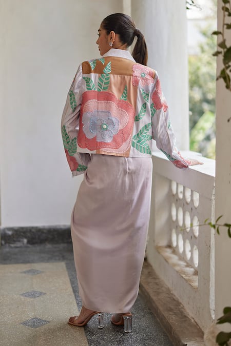 Shop Betrue White Silk Embroidery, Sequins Collared, V-neck Lilac Floral Biker Jacket at Aza Fashions Shop_Betrue_White Silk Embroidery, Sequins Collared, V-neck Lilac Floral Biker Jacket _at_Aza_Fashions