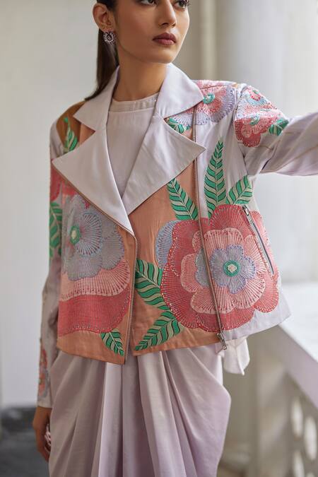Shop Betrue White Silk Embroidery, Sequins Collared, V-neck Lilac Floral Biker Jacket Online at Aza Fashions Shop_Betrue_White Silk Embroidery, Sequins Collared, V-neck Lilac Floral Biker Jacket _Online_at_Aza_Fashions