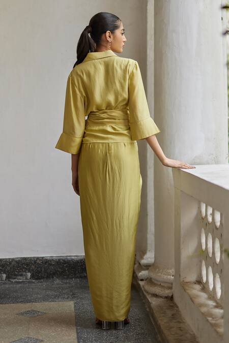 Shop Betrue Green Silk Beads, Fabric Flowers Collared, Leek Hand Embroidered Wrap Shirt at Aza Fashions Shop_Betrue_Green Silk Beads, Fabric Flowers Collared, Leek Hand Embroidered Wrap Shirt _at_Aza_Fashions