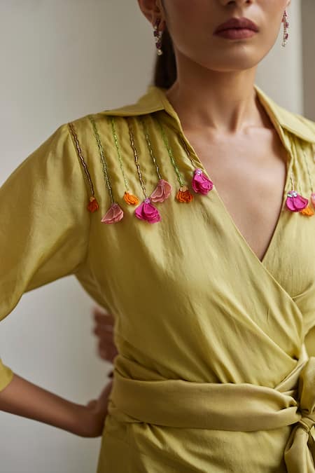 Betrue Green Silk Beads, Fabric Flowers Collared, Leek Hand Embroidered Wrap Shirt Online at Aza Fashions Betrue_Green Silk Beads, Fabric Flowers Collared, Leek Hand Embroidered Wrap Shirt _Online_at_Aza_Fashions