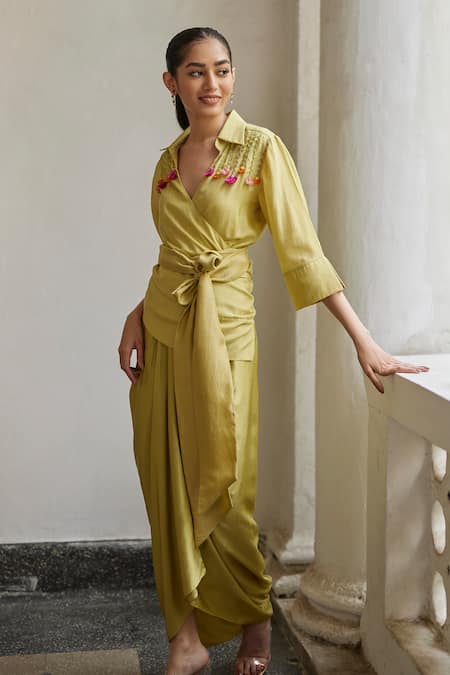 Buy Betrue Green Silk Beads, Fabric Flowers Collared, Leek Hand Embroidered Wrap Shirt Online at Aza Fashions Buy_Betrue_Green Silk Beads, Fabric Flowers Collared, Leek Hand Embroidered Wrap Shirt _Online_at_Aza_Fashions