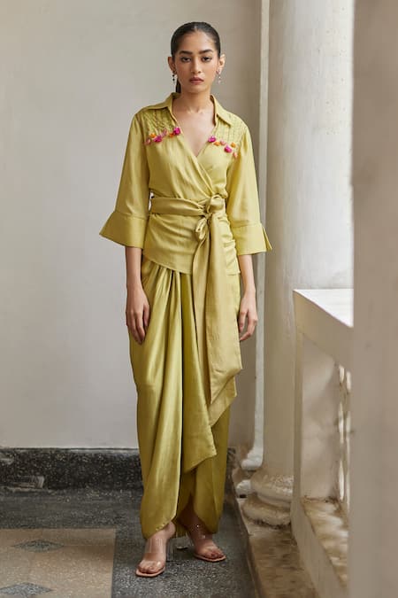 Betrue_Yellow Silk Leek Green Draped Skirt _Online_at_Aza_Fashions