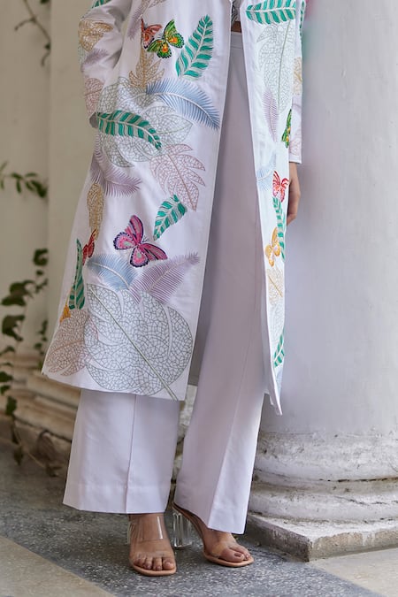 Shop_Betrue_White Cotton, Linen Embroidery Collared Butterfly Jacket _Online_at_Aza_Fashions