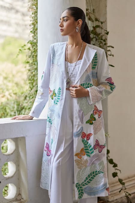 Betrue_White Cotton, Linen Embroidery Collared Butterfly Jacket _at_Aza_Fashions