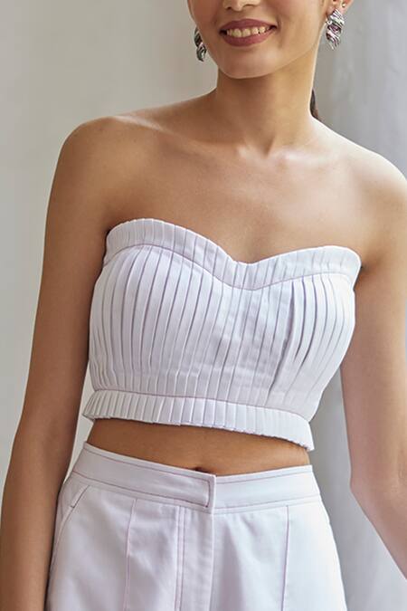 Betrue_White Cotton, Linen Bandeau Neck Daisy Pleated Bustier _Online_at_Aza_Fashions