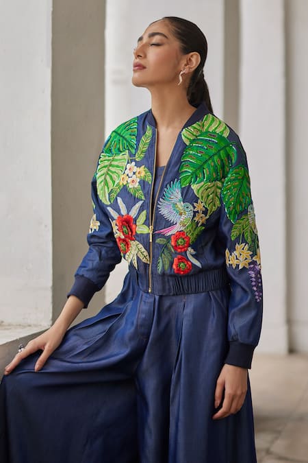 Shop_Betrue_Navy Denim, Tencel Embroidery, Sequins, Beads Round Neck Buda Jacket _Online_at_Aza_Fashions