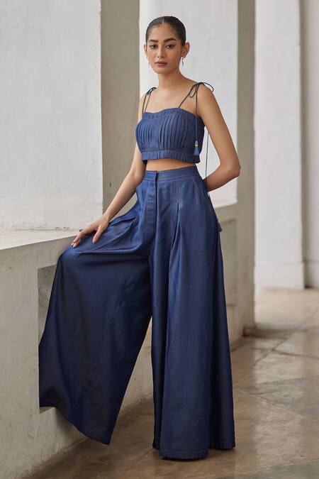 Betrue_Blue Denim Tassels Sweetheart Neck Pleated Bustier _Online_at_Aza_Fashions