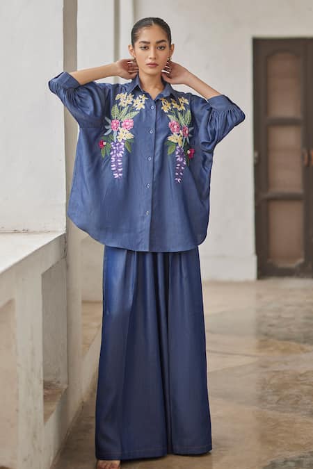 Betrue Blue Cotton, Tencel Embroidery Collared Denim Bouquet Shirt Online at Aza Fashions Betrue_Blue Cotton, Tencel Embroidery Collared Denim Bouquet Shirt _Online_at_Aza_Fashions