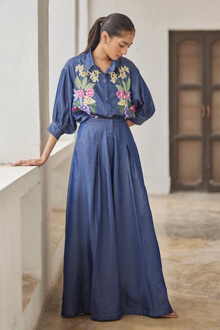 Shop Betrue Blue Cotton, Tencel Embroidery Collared Denim Bouquet Shirt Online at Aza Fashions Shop_Betrue_Blue Cotton, Tencel Embroidery Collared Denim Bouquet Shirt _Online_at_Aza_Fashions