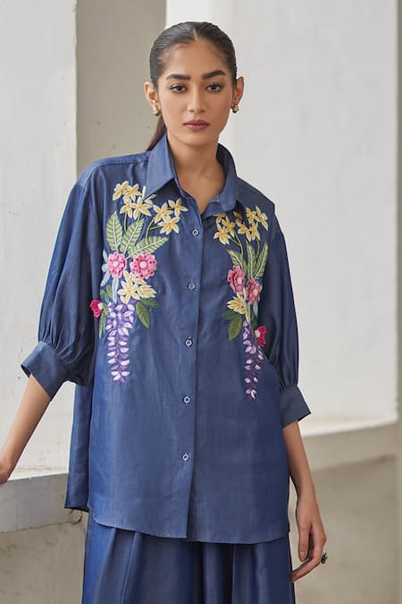 Betrue Denim Bouquet Embroidered Shirt 