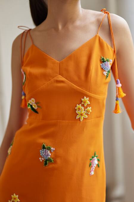 Buy_Betrue_Orange Georgette Embroidery, Beads, Tassels V-neck Sunshine Straight Dress _Online_at_Aza_Fashions