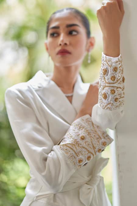 Betrue_White Silk Camellia Draped Skirt _Online_at_Aza_Fashions