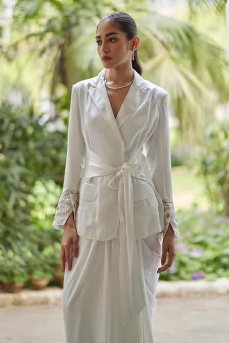 Buy_Betrue_White Silk Camellia Draped Skirt _Online_at_Aza_Fashions