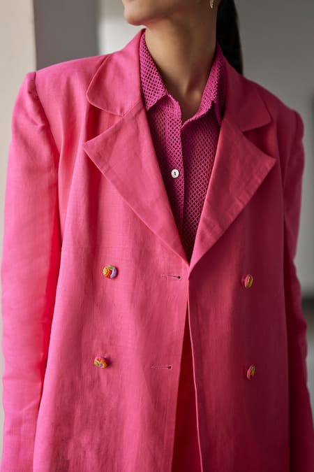 Betrue_Pink Linen Collared, V-neck Coronation Jacket Set _Online_at_Aza_Fashions