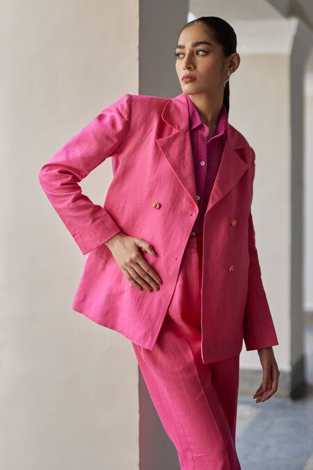 Buy_Betrue_Pink Linen Collared, V-neck Coronation Jacket Set _Online_at_Aza_Fashions