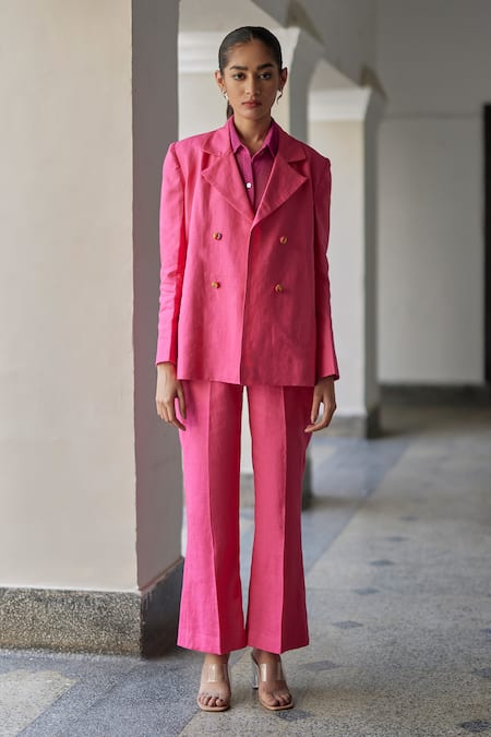 Shop_Betrue_Pink Linen Collared, V-neck Coronation Jacket Set _Online_at_Aza_Fashions
