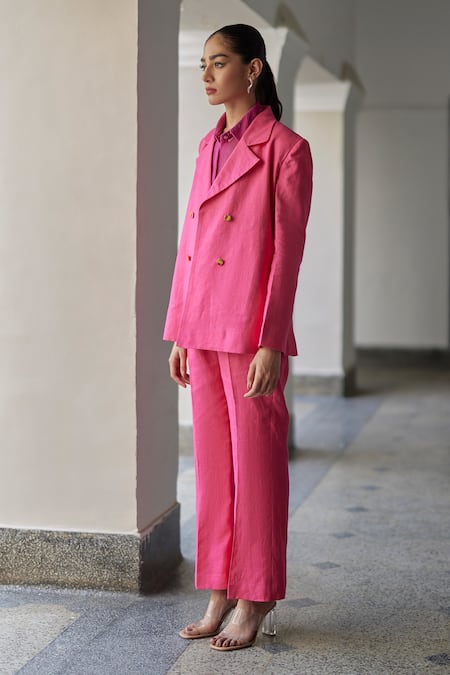 Betrue_Pink Linen Collared, V-neck Coronation Jacket Set _at_Aza_Fashions