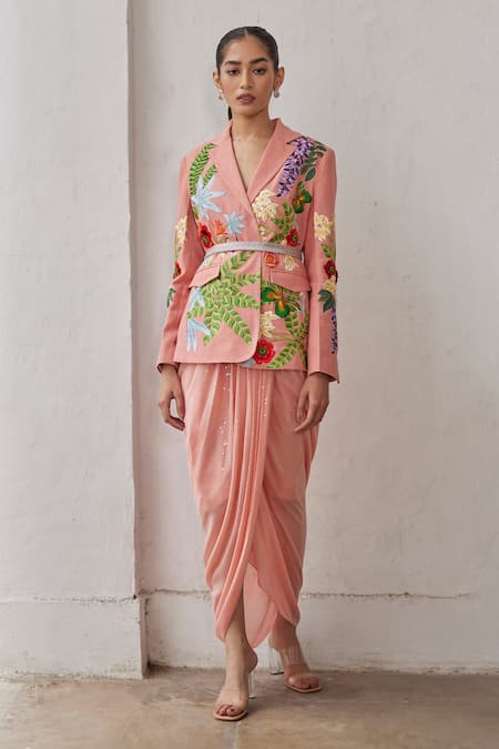 Betrue_Peach Lurex, Cotton Embroidery V-neck Peony Jacket _Online_at_Aza_Fashions