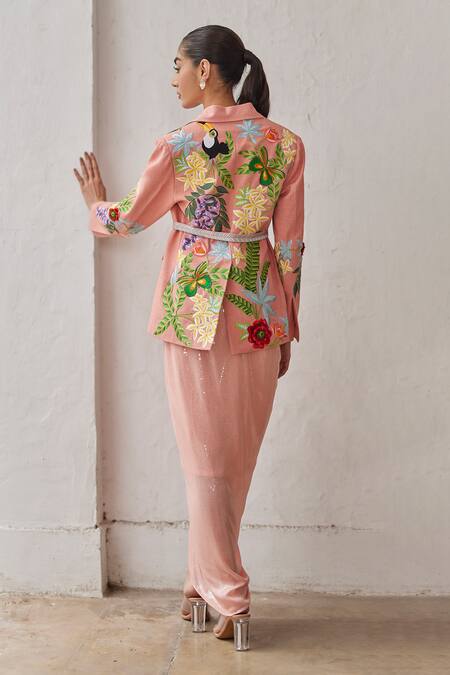 Shop_Betrue_Peach Lurex, Cotton Embroidery V-neck Peony Jacket _Online_at_Aza_Fashions