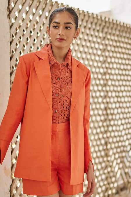 Betrue_Orange Linen Open Neck Rust Peony Jacket _Online_at_Aza_Fashions