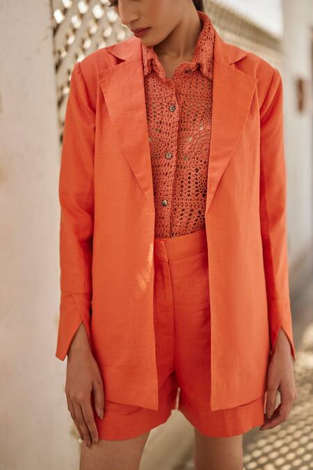 Shop_Betrue_Orange Linen Open Neck Rust Peony Jacket _Online_at_Aza_Fashions