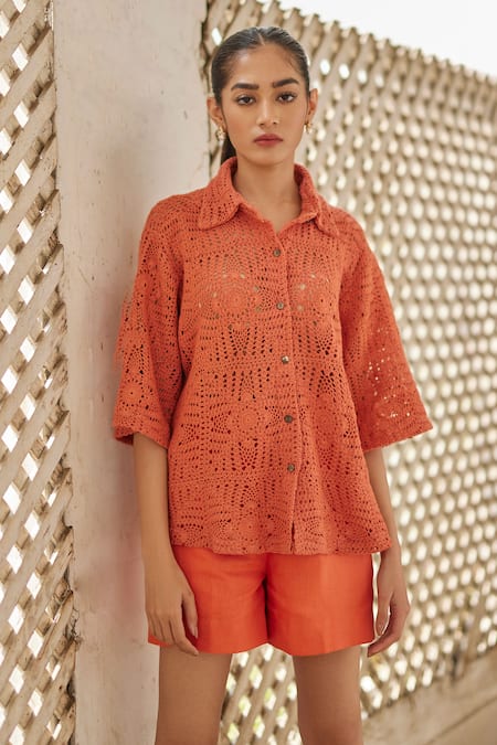 Buy_Betrue_Orange Linen Rust Peony Shorts _Online_at_Aza_Fashions