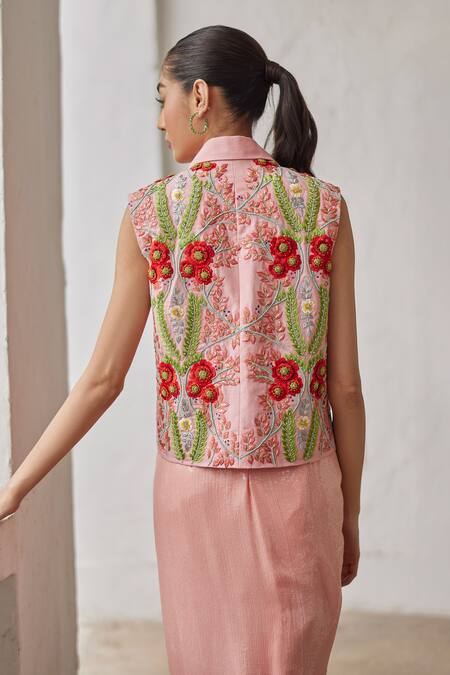 Betrue_Peach Georgette Garden Sequins Draped Skirt _Online_at_Aza_Fashions