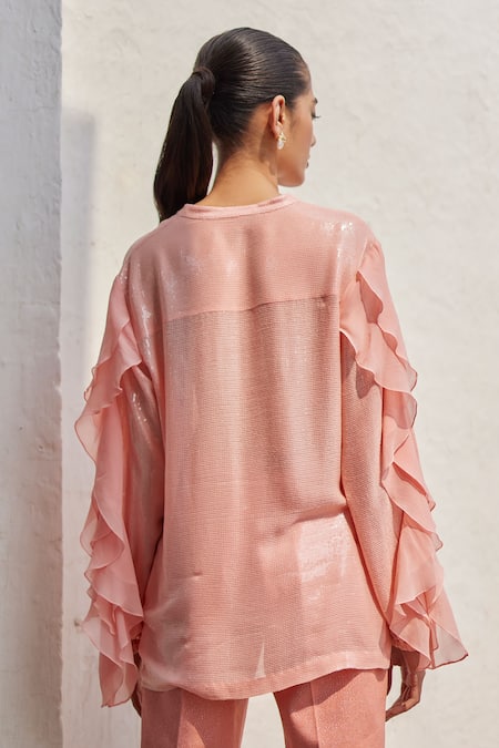 Betrue_Peach Georgette Sequins, Ruffles Split V-neck Garden Shirt _Online_at_Aza_Fashions