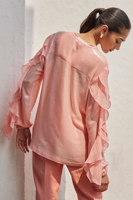 Betrue Peach Garden Sequins Ruffle Shirt 