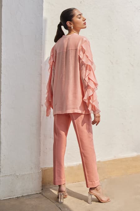 Buy_Betrue_Peach Georgette Sequins, Ruffles Split V-neck Garden Shirt _Online_at_Aza_Fashions