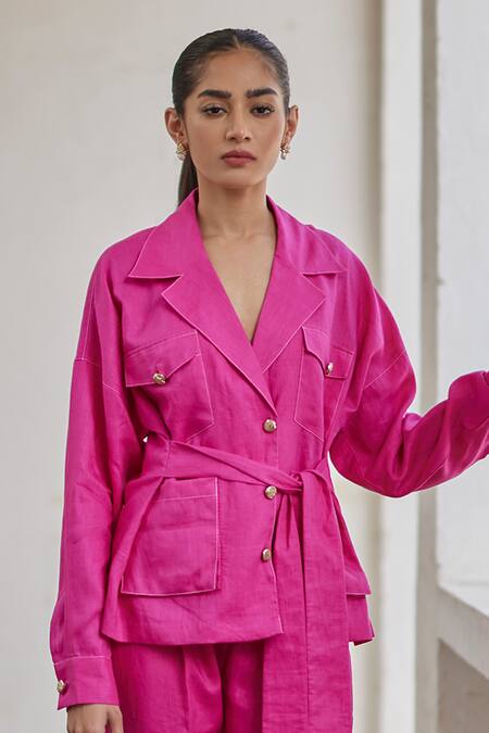 Betrue_Pink Linen, Cotton V-neck Safari Jacket And Pant Set _Online_at_Aza_Fashions