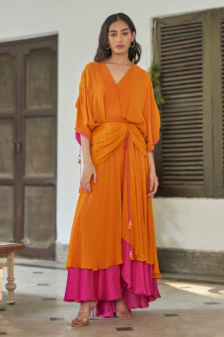 Betrue_Orange Georgette, Silk Tassels V-neck Hibiscus Flare Dress _Online_at_Aza_Fashions