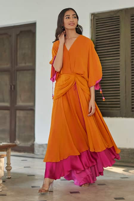 Buy_Betrue_Orange Georgette, Silk Tassels V-neck Hibiscus Flare Dress _Online_at_Aza_Fashions