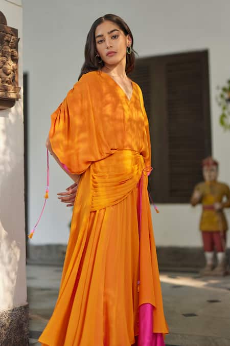 Betrue_Orange Georgette, Silk Tassels V-neck Hibiscus Flare Dress _at_Aza_Fashions