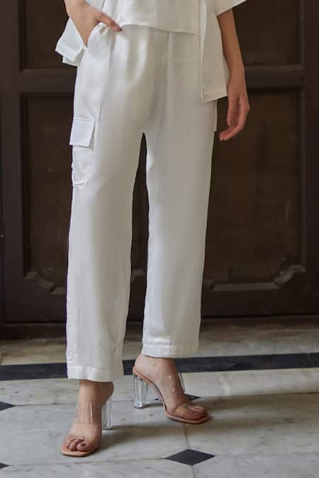 Betrue_White Silk Open Neck, Collared Safari Jacket And Pant Set _Online_at_Aza_Fashions