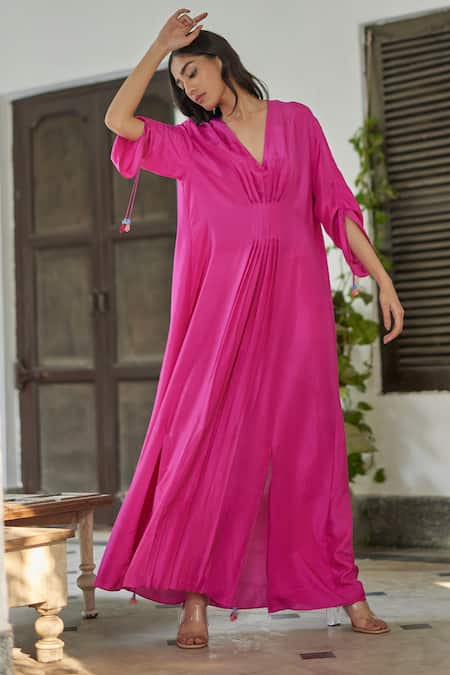 Betrue_Pink Silk V-neck Rani Kaftan _at_Aza_Fashions