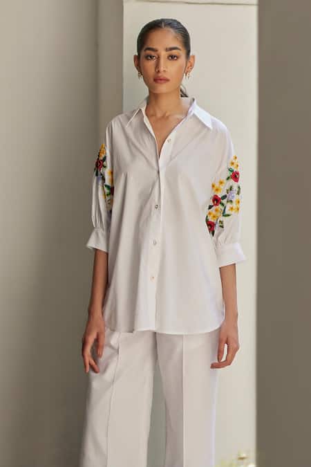 Buy_Betrue_White Cotton Embroidery Collared, V-neck Bouquet Floral Hand Shirt _Online_at_Aza_Fashions