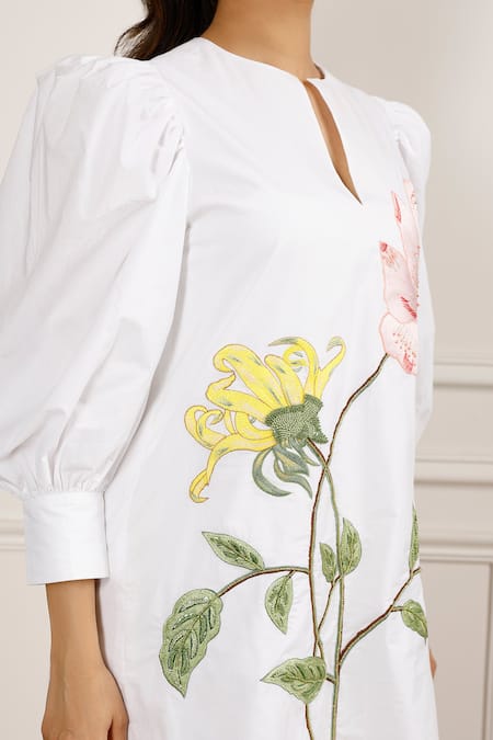 Shop_Betrue_White Cotton Embroidery Keyhole Neck Spring Floral Shift Dress _Online_at_Aza_Fashions