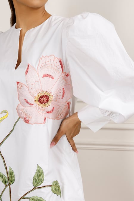 Betrue_White Cotton Embroidery Keyhole Neck Spring Floral Shift Dress _at_Aza_Fashions