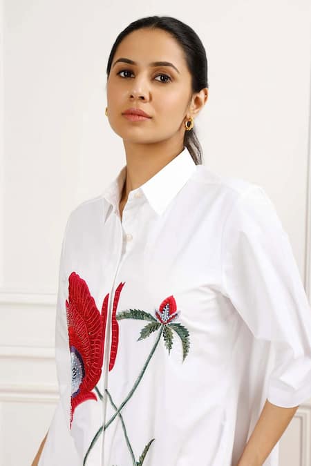 Betrue_White Cotton Embroidery Collared Red Poppy Shirt Dress _Online_at_Aza_Fashions