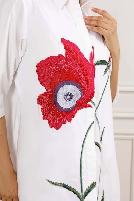 Buy_Betrue_White Cotton Embroidery Collared Red Poppy Shirt Dress _Online_at_Aza_Fashions